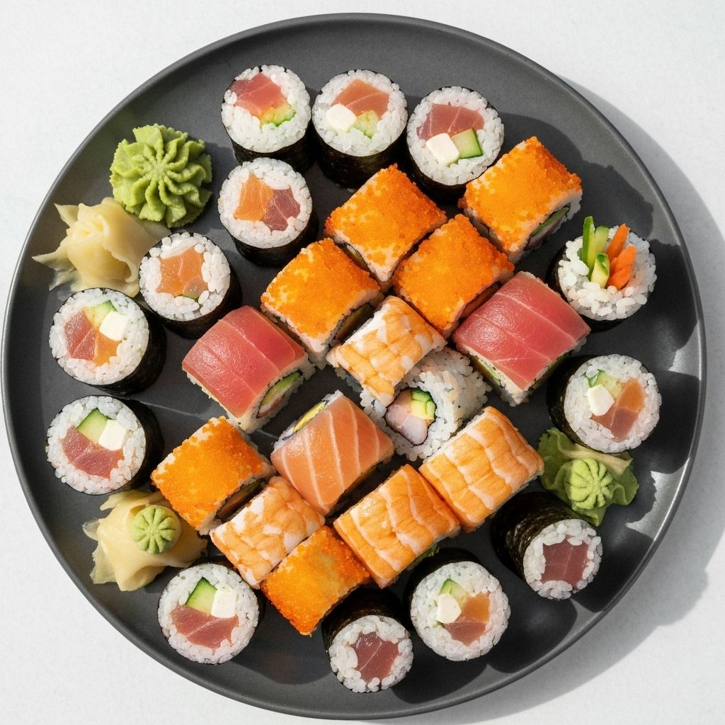 Bunte Maki-Rollen inklusive California Rolls, Spicy Tuna Rolls und Rainbow Rolls mit Wasabi und Ingwer