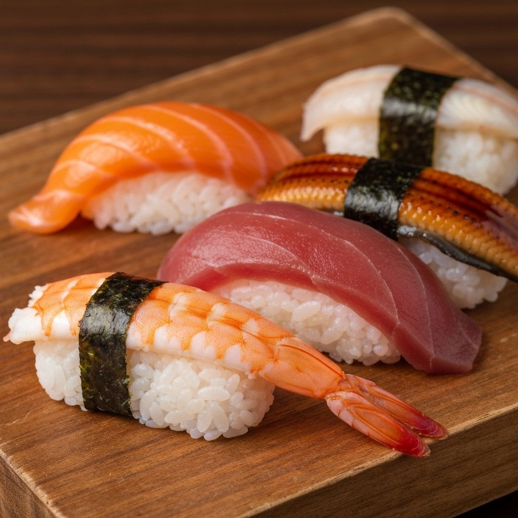 Frische Nigiri-Sushi mit Lachs, Thunfisch, Garnelen und Aal auf Holzbrett