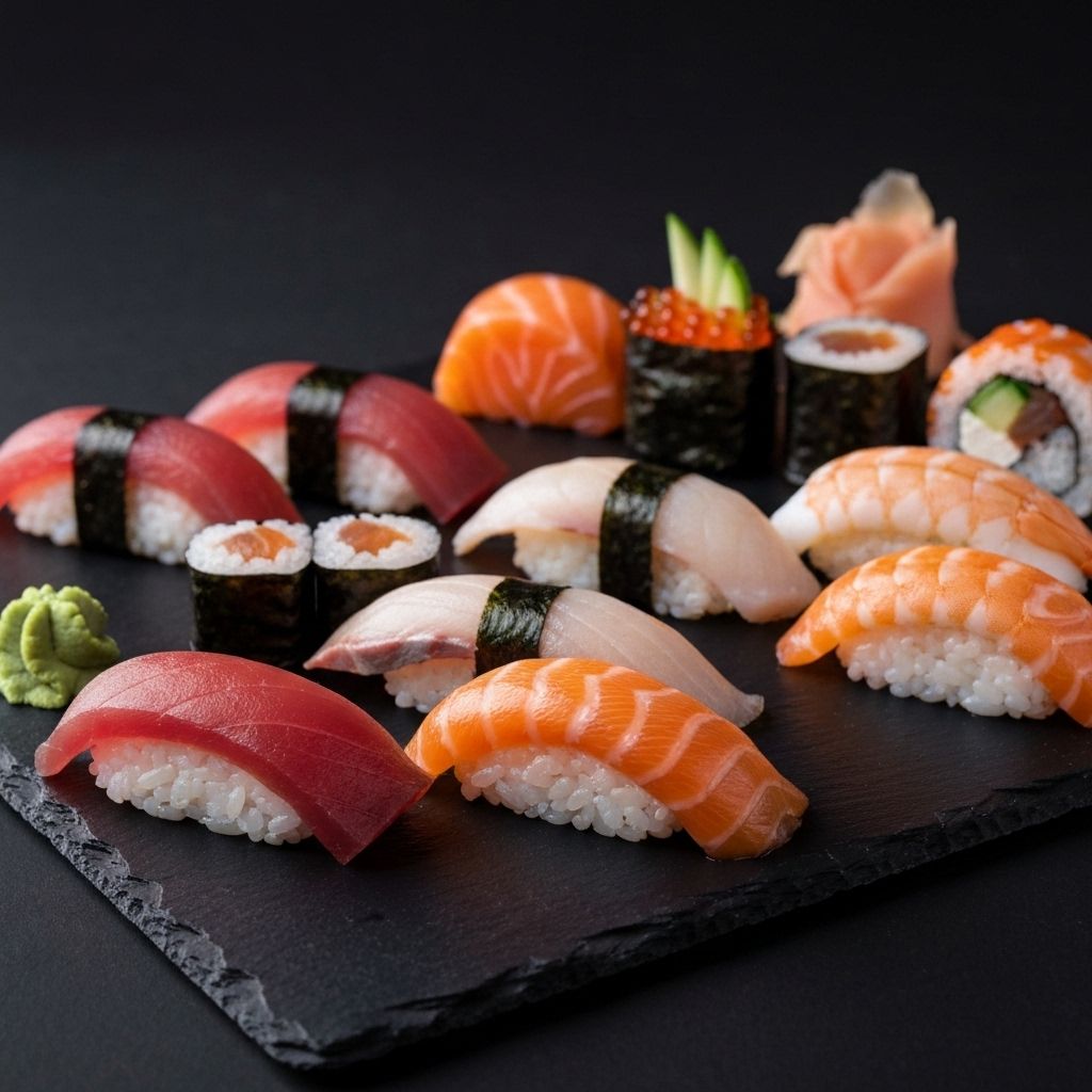 Elegante Sushi-Platte mit verschiedenen Nigiri, Maki-Rollen und Sashimi auf dunklem Schieferboard